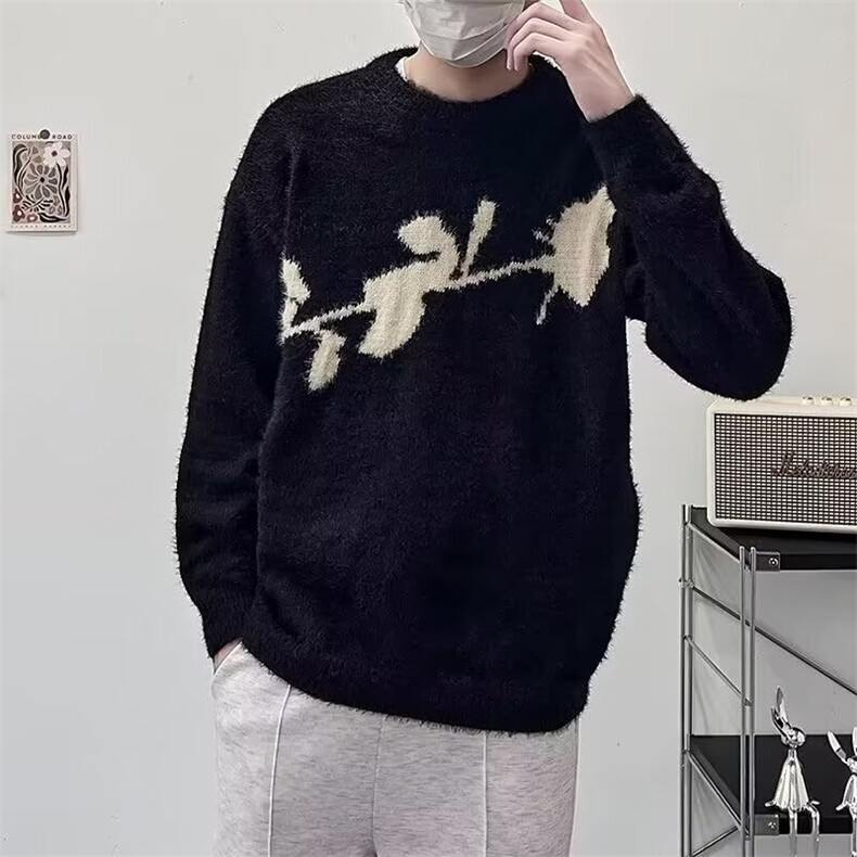G110-P572025新款暗黑系玫瑰花水貂绒毛衣小众宽松原创简约,男装针织衫/毛衣,电商B323A