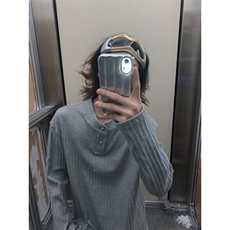 网图美式复古秋季新款亨利领简约长袖肌理线条感休闲T恤男P38，男装T恤，电商C306-1