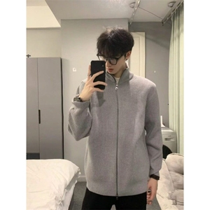 双拉链开衫毛衣男秋季复古潮牌立领青少年高级感慵懒风针织衫外套图片