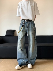 XZ-221-5/K8084/P50美式高街复古水洗做旧扎染泼墨牛仔裤，男装牛仔裤，星座221-5