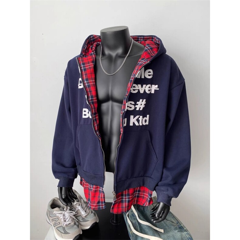 Y748-P42重磅假两件格子拼接连帽卫衣男女春秋季潮牌百搭情侣，男装T恤，电商B323A