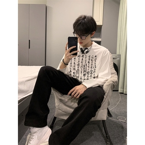 现货已做版权 秋冬打底潮书法重磅文字宽松长袖男WY19-P30 控48图片