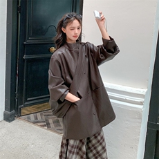 复古设计感气质咖色皮衣外套女春秋季2025新款中长款PU夹克机车服，女装皮衣，2C112