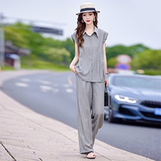 老钱风灰色时尚套装女2025夏季新款时尚通勤翻领衬衫阔腿裤两件套，女装套装/套裙，靓衣阁