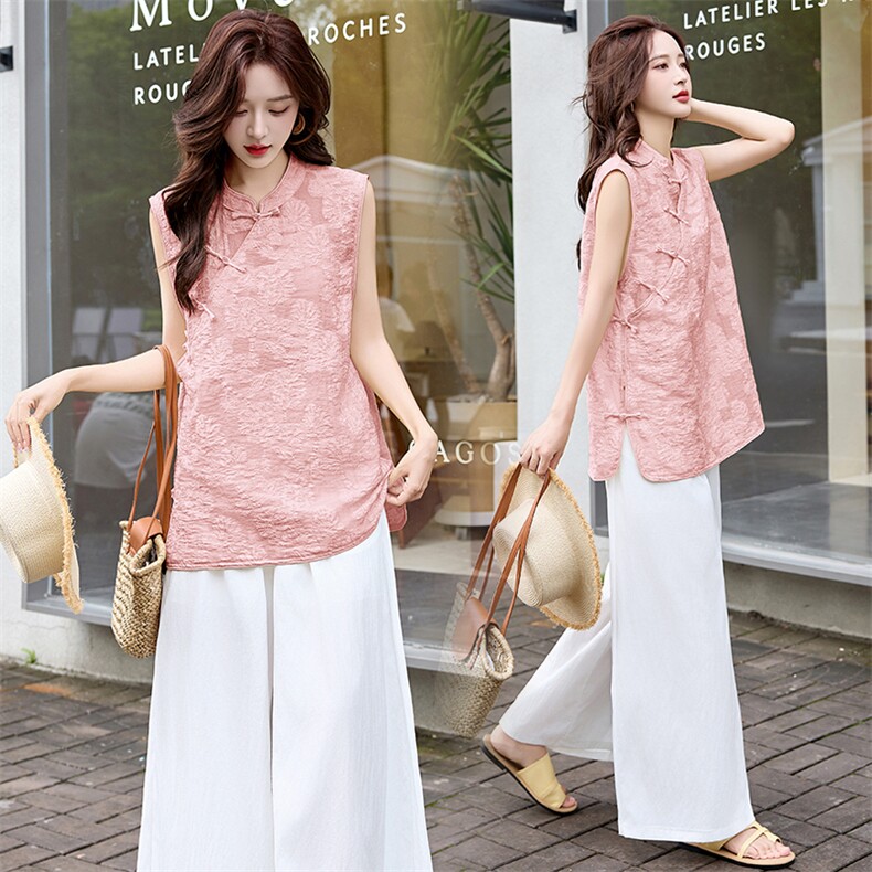 新中式国风套装女2025夏季新款刺绣盘扣无袖上衣阔腿裤休闲两件套，女装套装/套裙，冬木谷雨