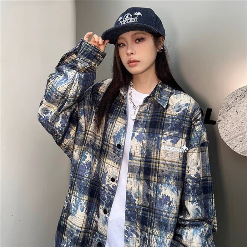 春秋季新品男女情侣重磅扎染工艺格子衬衫长袖宽松休闲复古百搭,男装衬衫,星座506A