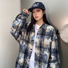 春秋季新品男女情侣重磅扎染工艺格子衬衫长袖宽松休闲复古百搭，男装衬衫，星座506A