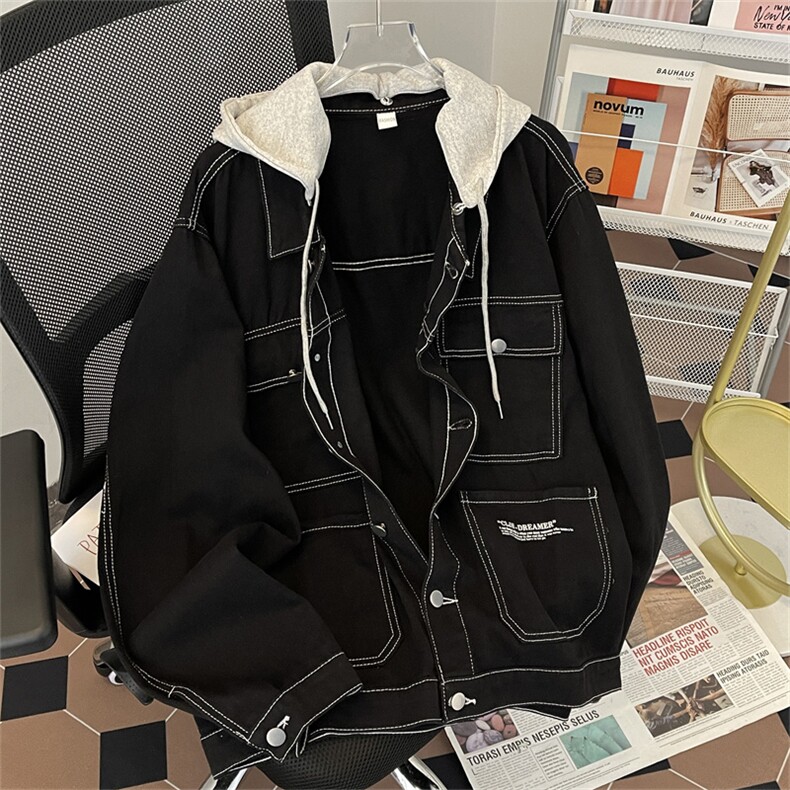 春款男牛仔夹克衫连帽工装大口袋字母印花外套JK027P75,男装夹克,星座1013-1