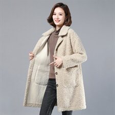 2020新款时尚女装长款翻领仿羊羔毛外套保暖显瘦大衣，女装羊羔毛/颗粒绒，叶笙衣