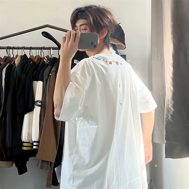 万针全刺绣工艺抖音得物高品质260克重磅纯棉双纱美式高街短袖T恤,男装T恤,电商A486