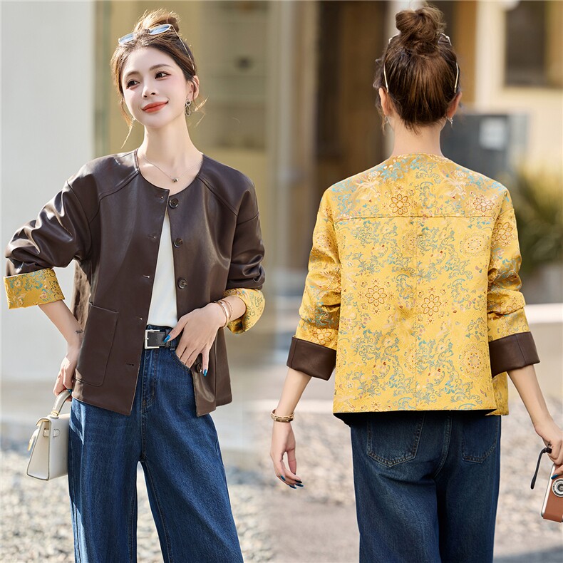 大量现货主推2026年春季新款GAO级PU皮提花双面穿时尚外套，女装短外套，奕薇雅