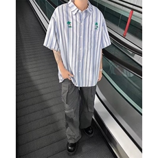 日系刺绣短袖衬衫夏季情侣款竖条纹宽松休闲衬衣男，男装衬衫，星座716-3