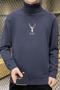 秋冬可翻高领毛衣男鹿头纯色长袖刺绣毛衫打底针织衫深灰M255P33图片