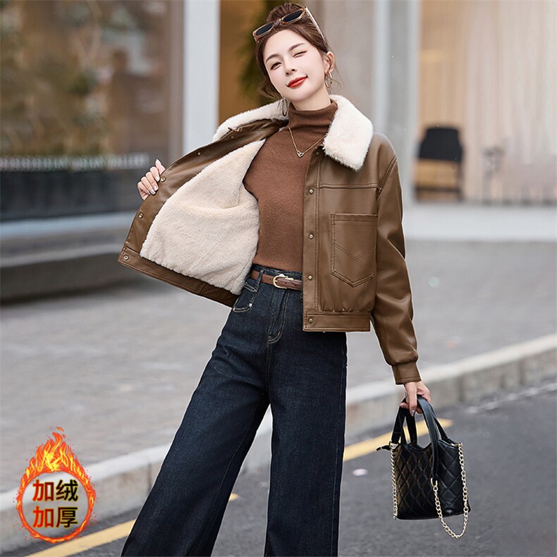 现货海宁f仿真皮皮衣女加绒加厚短款2024冬季新款女士宽松皮外套,女装皮衣,跑量工厂店