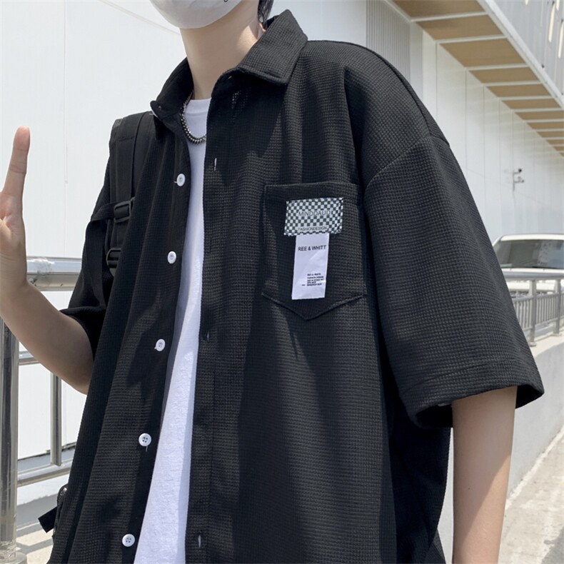 华夫格衬衫短袖男夏季日系潮流贴标休闲宽松衬衣半袖CS0111-P38,男装衬衫,星座308B-1