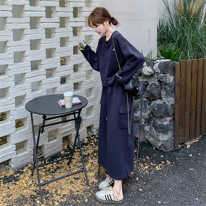 藏青色休闲时尚卫衣套装裙女2025春季新款韩系慵懒风半身裙两件套，女装套装/套裙，C位