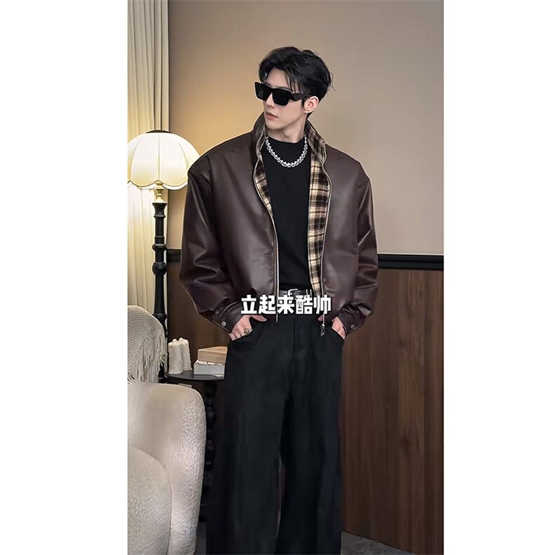 秋冬复古格子拼接加棉机车皮衣夹克棉外套男潮 JK2377-P145 网图图片