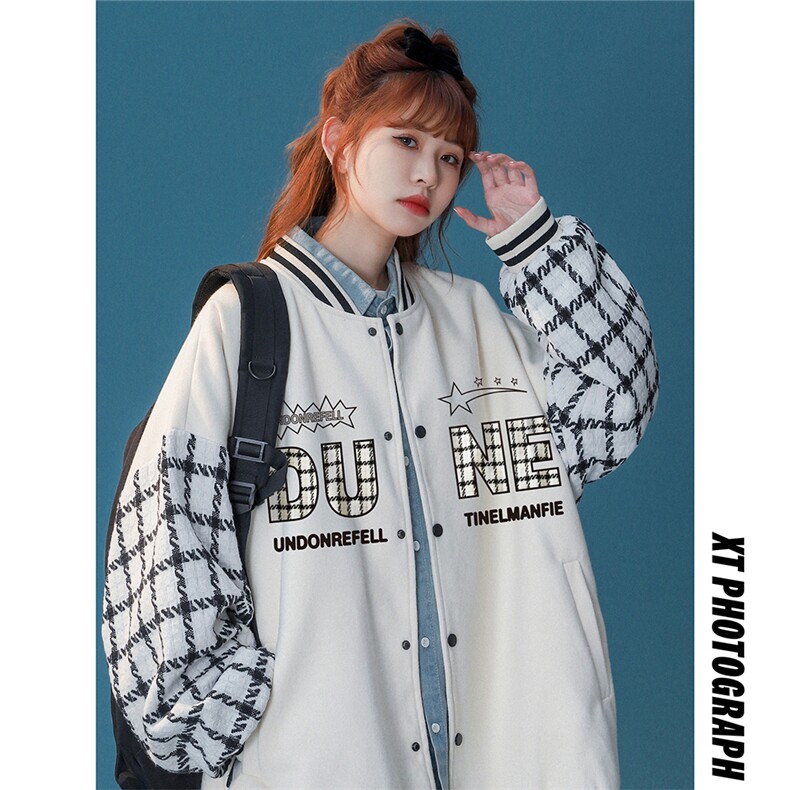 中性风秋季宽松呢料棒球服拼色夹克情侣外套男女G6701P85控108，男装夹克，电商A268