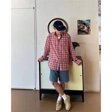 现货~夏季宽松休闲防晒衬衣美式格子褶皱长袖衬衫CS003-P45，男装防晒衣，星座1004-3