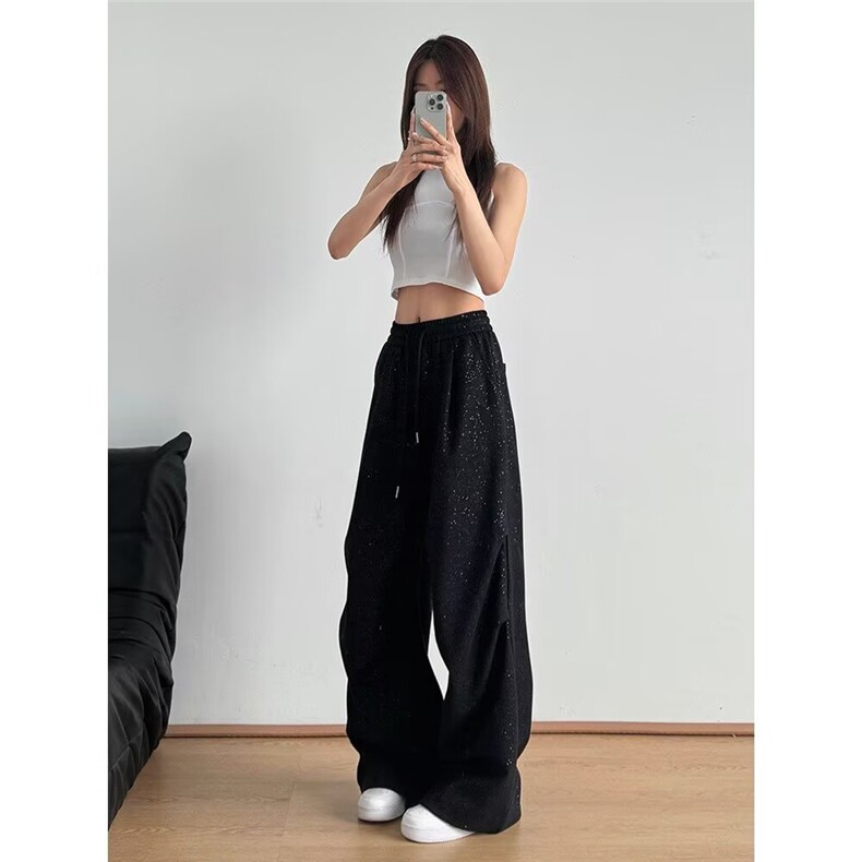 高腰休闲裤女2025春秋季新款重工烫钻满天星宽松时尚拖地阔腿裤子,男装休闲裤,星座506A