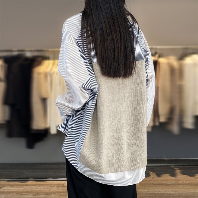 春秋精纺羊毛针织拼接纯棉衬衫女假两件圆领显瘦宽松慵懒条纹上衣,女装羊毛衫,科源羊绒