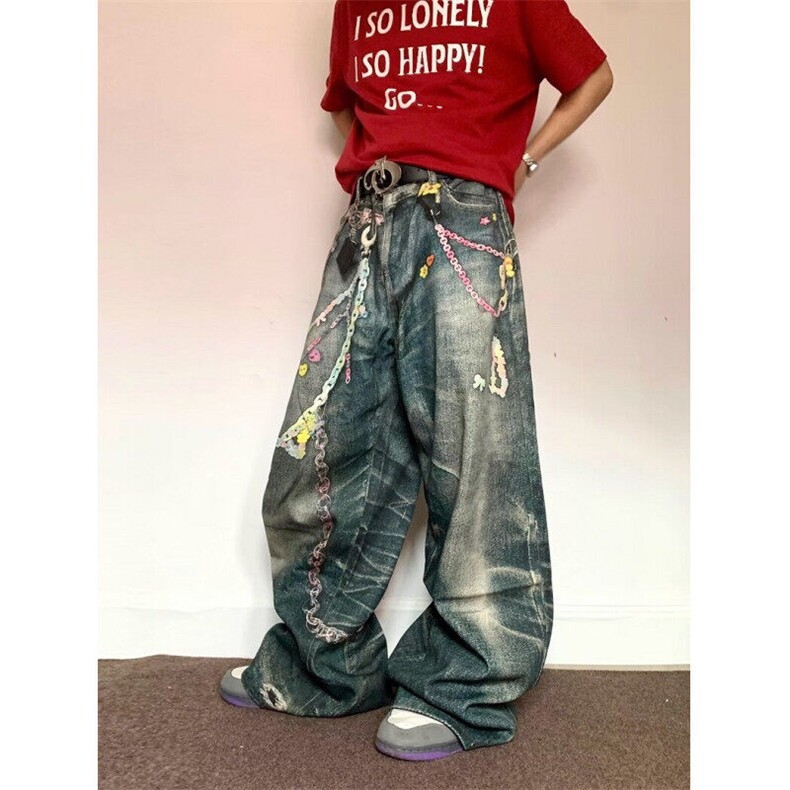 高街糖果链条牛仔裤男女夏季重磅做旧直筒阔腿长裤子N7016，男装牛仔裤，星座1116A（原606A-3）