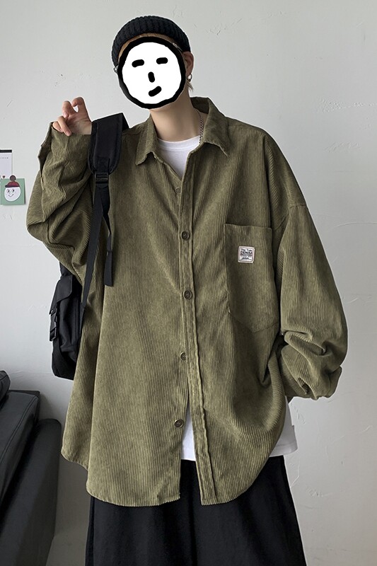 22秋装港风纯色宽松长袖衬衫情侣灯芯绒学生夹克外套潮H202/P45,男装衬衫,钱塘713