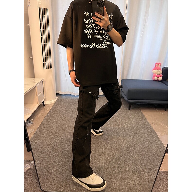 美式hiphop裤子高街vibe交叉绑带牛仔裤修身直筒微喇叭裤图片