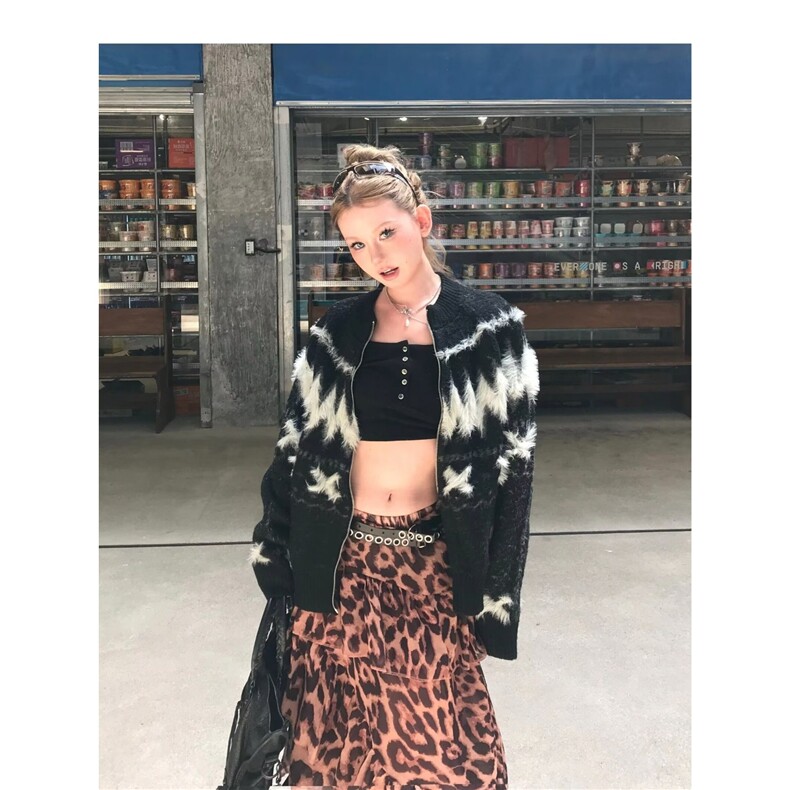 加厚版黑色提花拉链毛衣开衫女秋季新款韩版宽松雪花针织衫外套,男装针织衫/毛衣,星座506A