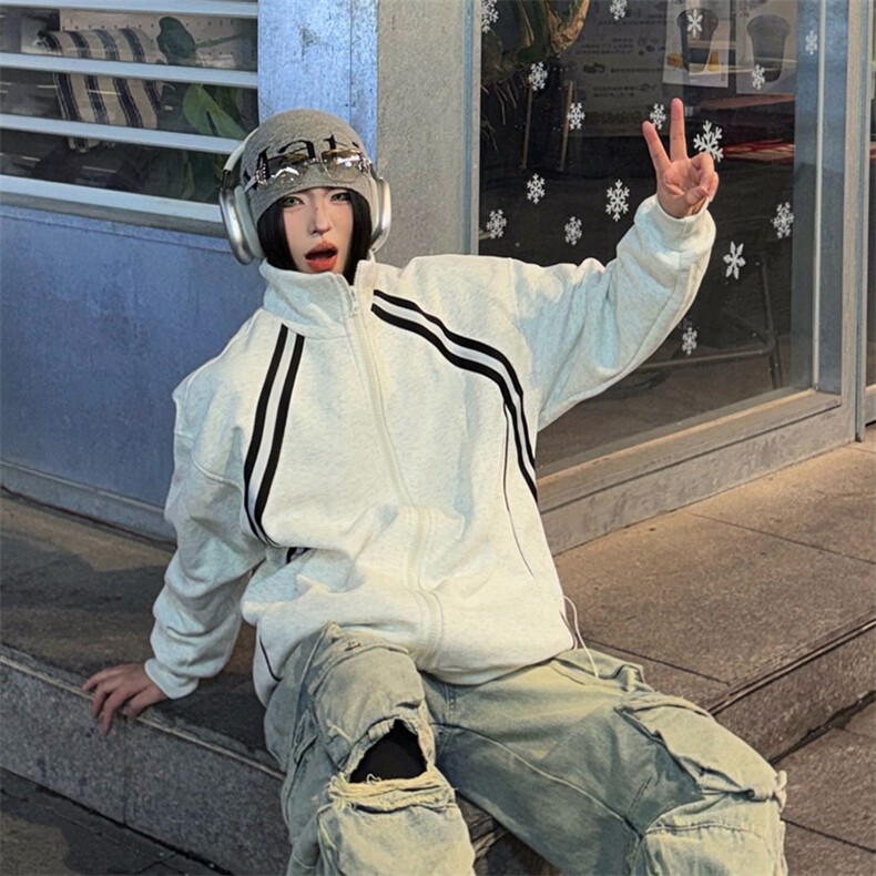 抖音得物高品质二开25秋冬美式重磅结构织带撞色立领卫衣外套W70，男装卫衣，电商A486-1