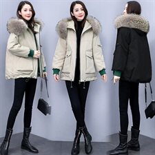 2022冬季新款韩版时尚简约宽松保暖舒适大毛领连帽棉衣，女装棉衣/棉服，三木叶子