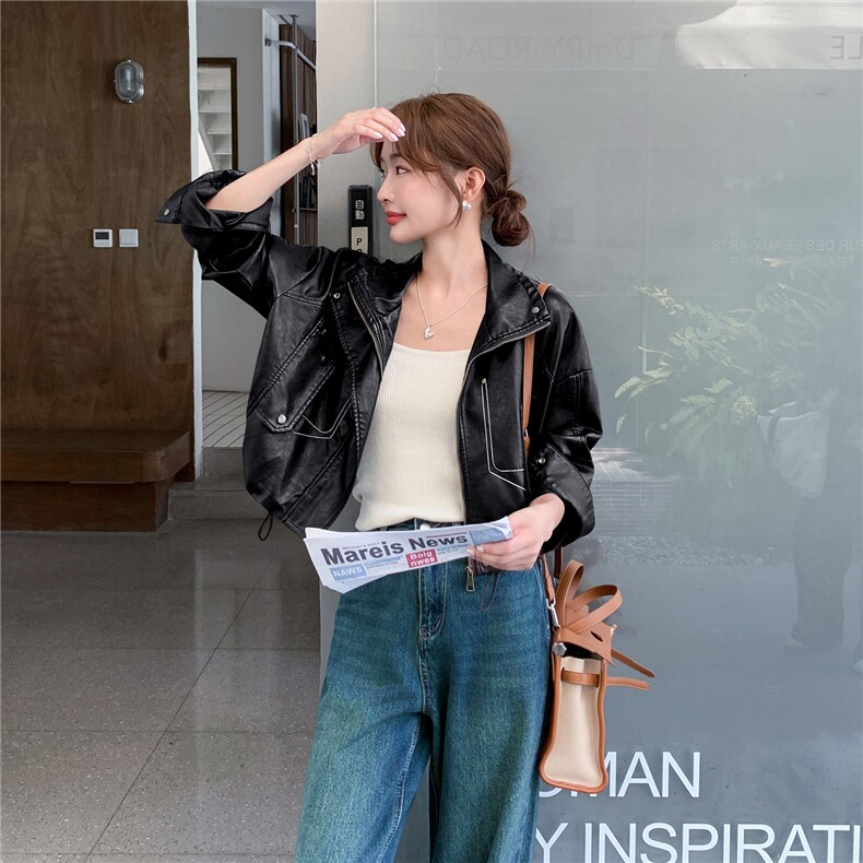 短款小皮衣女新款2025超火酷飒风复古PU机车上衣秋外套时尚显瘦版，女装皮衣，意芙