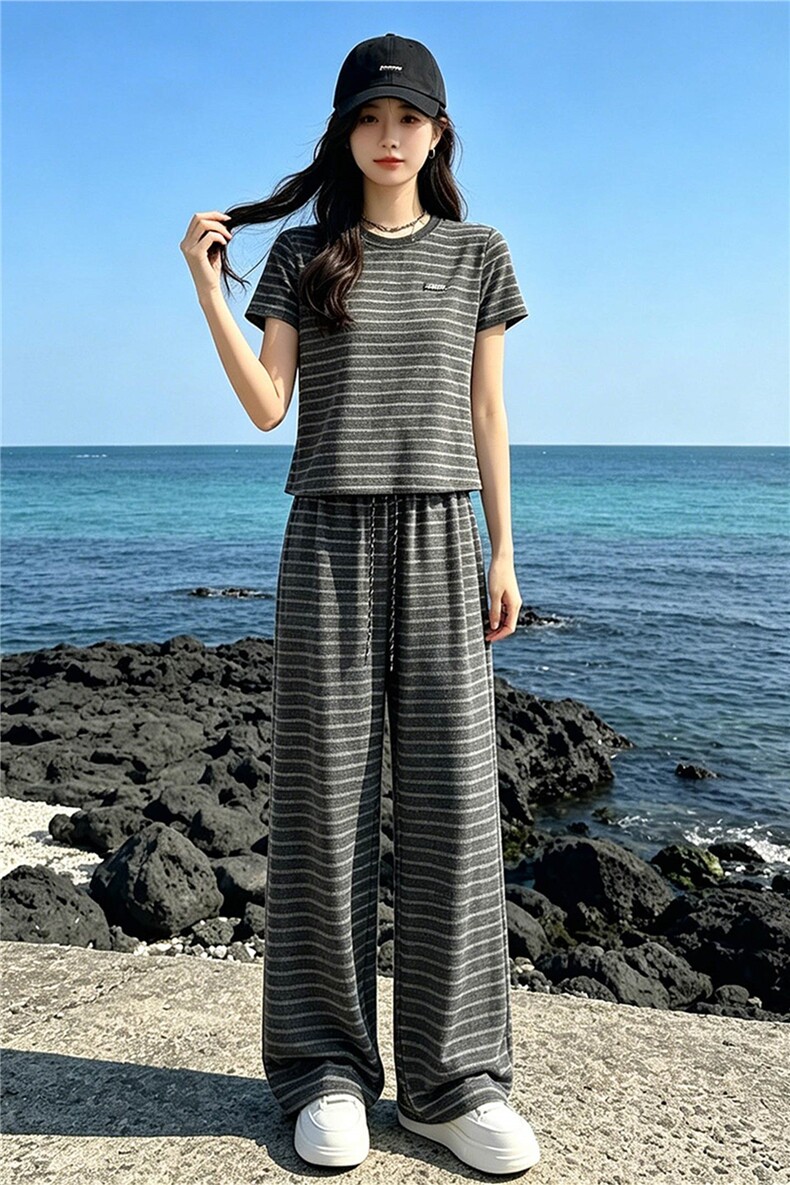 女夏季新款时尚休闲套装欧货圆领条纹短袖上衣高腰阔腿长裤两件套,女装套装/套裙,江南