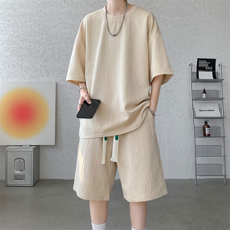 套装男夏季新款港风宽松设计字母短袖五分裤一套TZ8352-P45，男装休闲套装，星座214-3