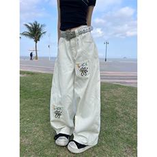 美式休闲白色弯刀牛仔裤男潮牌复古高级感解构多口袋宽松阔腿长裤，男装牛仔裤，四季星座505