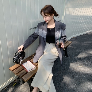 灰色休闲西装套装裙女小个子蕾丝拼接2025春季新款韩系减龄百褶裙图片
