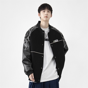精品秋冬装飞行棒球服男女夹克毛呢拼皮刺绣轻熟JK1701-P115港风D图片
