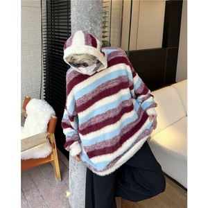 W618-P68 复古蓝白条纹连帽毛衣男女秋冬季慵懒风撞色情侣针织衫图片