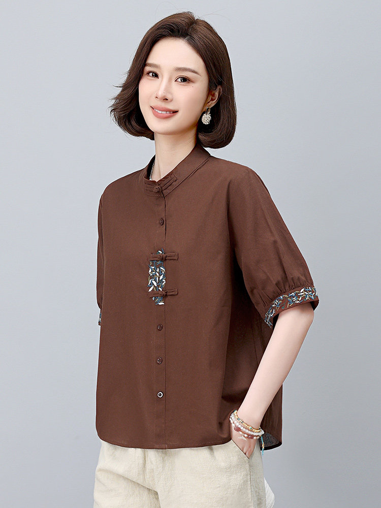 新中式国风刺绣棉麻衬衫女2025年夏季新款妈妈宽松遮肚子亚麻上衣,女装大码女装,依恋蒂丝