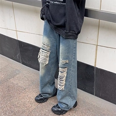 美式复古ins高级感秋冬牛仔裤男宽松高街阔腿裤长裤RK1083-P45，男装牛仔裤，星座412-2