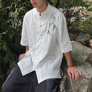 现货~夏季新中式棉麻刺绣竹叶风立领衬衫五分袖MT2308-P65图片