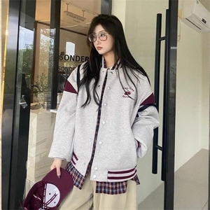 2025新款美式小樱桃刺绣棒球服外套女春秋宽松休闲撞色夹克上衣图片