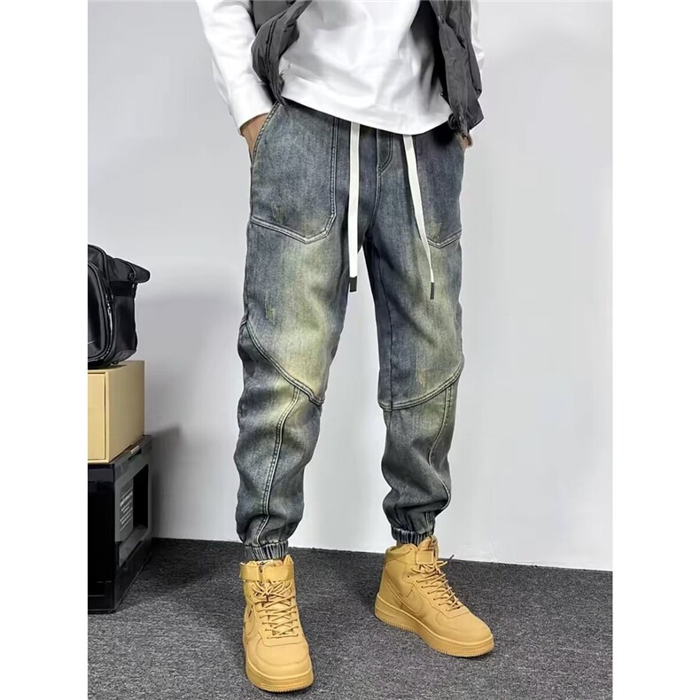 新款休闲裤痞帅潮牌束脚微宽松哈伦裤水洗做旧牛仔裤男N1079-P53,男装牛仔裤,星座208-5