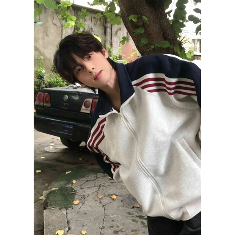 秋季新款拼接撞色三条杠开衫卫衣男女宽松运动休闲外套W103,女装短外套,星座1116A（原606A-3）