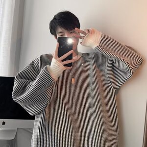 黑白条纹毛衣男潮软糯秋冬外套内搭宽松情侣针织衫网图YME12-P50