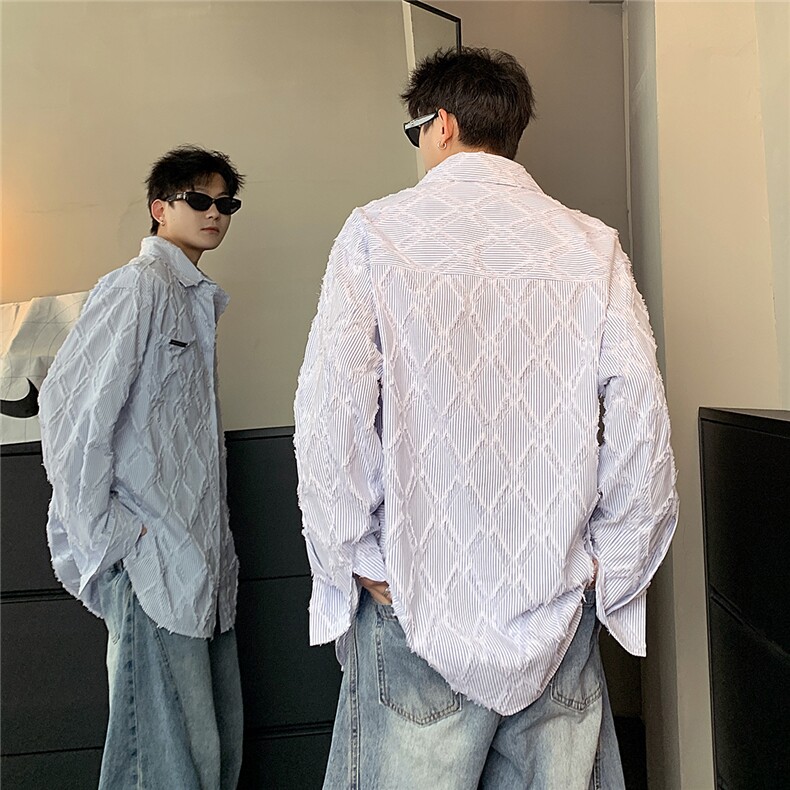 2025新款菱形通勤百搭纯棉宽松蓝白条衬衫男女宽松上衣CS90-P58,男装衬衫,电商C307