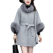 芷墨新款时尚洋气斗篷外套简约系带大毛领加厚毛呢外套女，女装针织衫/毛衣，芷墨服饰