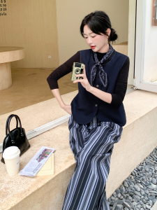 韩系通勤风马甲套装女2025秋新款时尚气质高级感条纹阔腿裤两件套图片