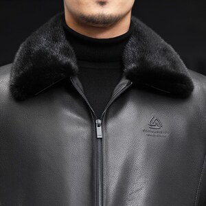 J8069新款海宁男式绵羊皮皮衣男翻领兔毛内胆皮克服夹克P990图片