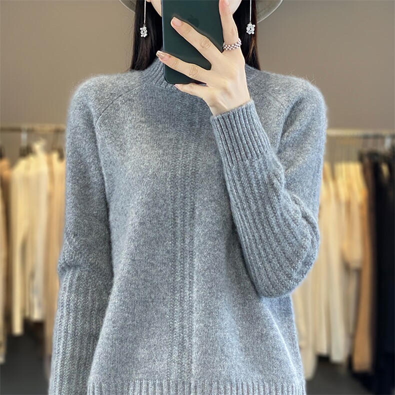 2024新款半高领羊毛衫女100羊毛针织打底衫宽松秋冬季毛衣,女装羊毛衫,秋虹羊绒